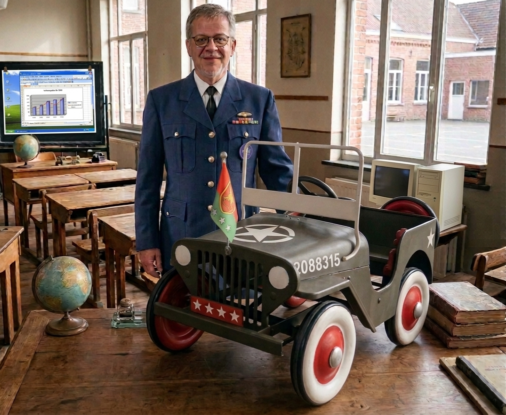 Marc Desiron in een klaslokaal met een trapauto